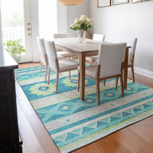 HomeRoots 10' Modern Geometric Area Rug in Persian Blue, Lime Green & Silver - Washable, UV Protected & Durable! 645654