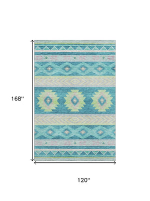HomeRoots 10' Modern Geometric Area Rug in Persian Blue, Lime Green & Silver - Washable, UV Protected & Durable! 645654