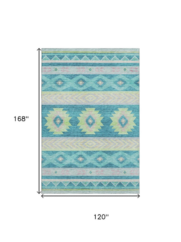 HomeRoots 10' Modern Geometric Area Rug in Persian Blue, Lime Green & Silver - Washable, UV Protected & Durable! 645654