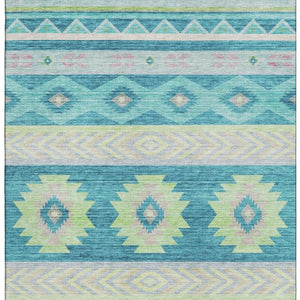 HomeRoots 10' Modern Geometric Area Rug in Persian Blue, Lime Green & Silver - Washable, UV Protected & Durable! 645654