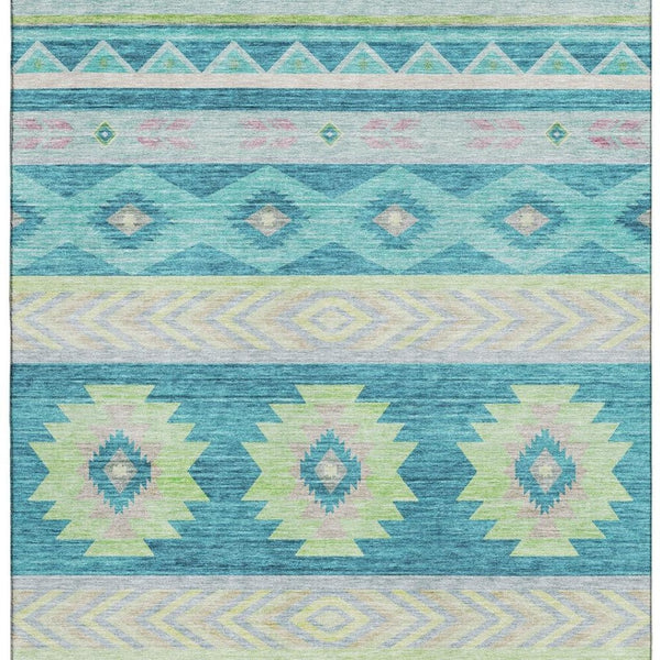HomeRoots 10' Modern Geometric Area Rug in Persian Blue, Lime Green & Silver - Washable, UV Protected & Durable! 645654