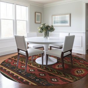 HomeRoots 8' Brown Green and Rust Geometric Washable Round Rug - UV Protected, Easy-Care, Family-Friendly Design 645657
