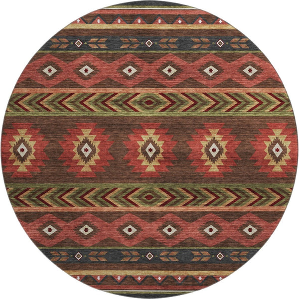 HomeRoots 8' Brown Green and Rust Geometric Washable Round Rug - UV Protected, Easy-Care, Family-Friendly Design 645657