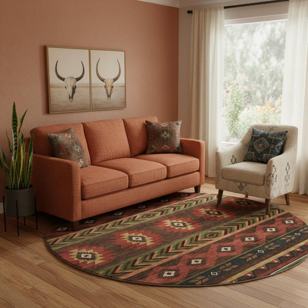 HomeRoots 8' Brown Green and Rust Geometric Washable Round Rug - UV Protected, Easy-Care, Family-Friendly Design 645657