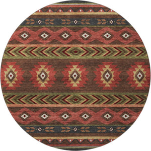 HomeRoots 8' Brown Green and Rust Geometric Washable Round Rug - UV Protected, Easy-Care, Family-Friendly Design 645657