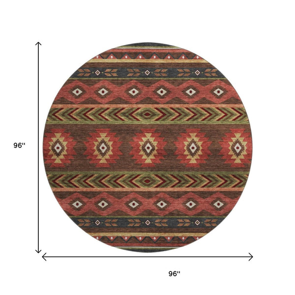 HomeRoots 8' Brown Green and Rust Geometric Washable Round Rug - UV Protected, Easy-Care, Family-Friendly Design 645657