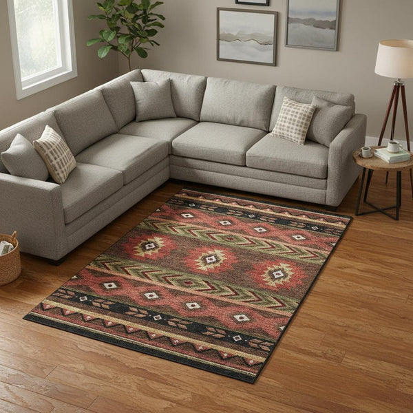 HomeRoots 8' X 10' Washable Area Rug with UV Protection – Stylish Brown, Green & Rust Geometric Design for Homes 645658