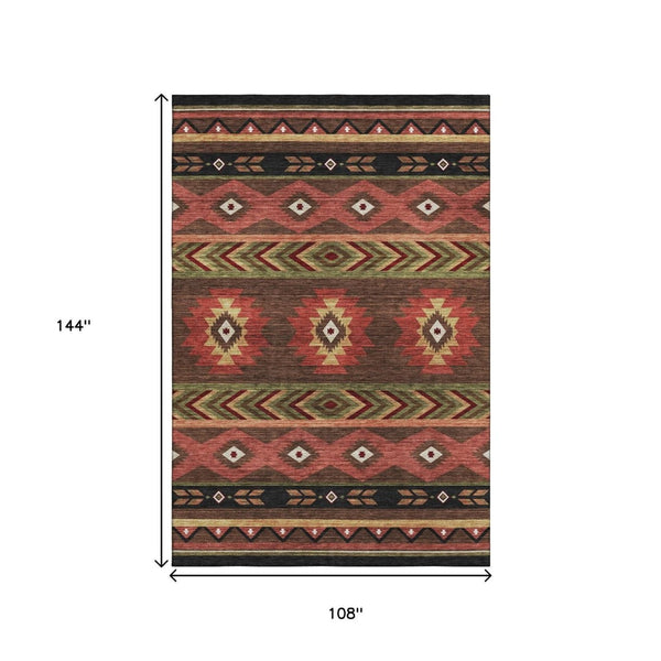 HomeRoots 9' X 12' Geometric Area Rug in Brown, Green & Rust - Washable, UV Protected, Kid & Pet Friendly! 645659