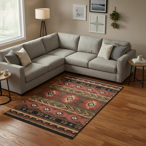 HomeRoots 9' X 12' Geometric Area Rug in Brown, Green & Rust - Washable, UV Protected, Kid & Pet Friendly! 645659