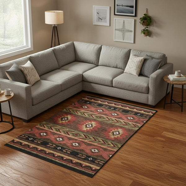 HomeRoots 9' X 12' Geometric Area Rug in Brown, Green & Rust - Washable, UV Protected, Kid & Pet Friendly! 645659