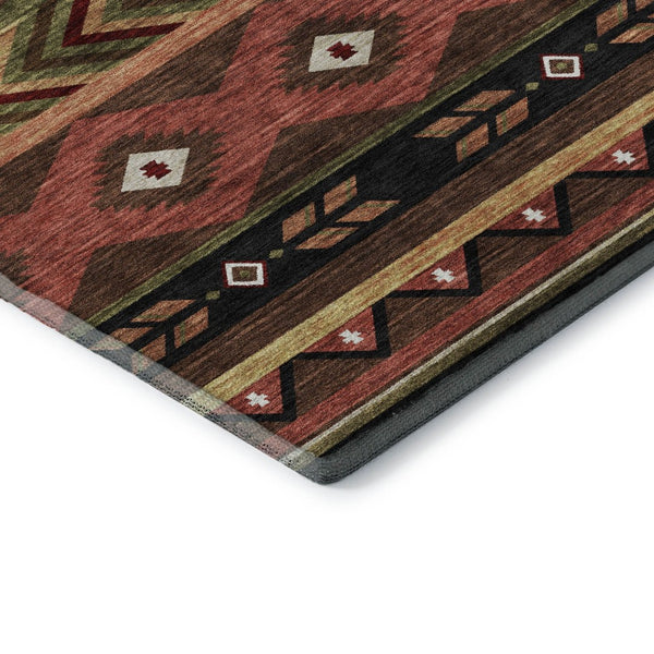 HomeRoots 9' X 12' Geometric Area Rug in Brown, Green & Rust - Washable, UV Protected, Kid & Pet Friendly! 645659
