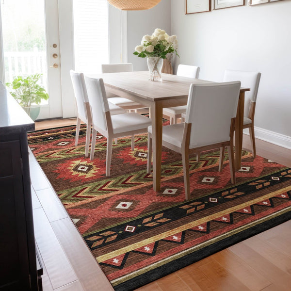 HomeRoots 9' X 12' Geometric Area Rug in Brown, Green & Rust - Washable, UV Protected, Kid & Pet Friendly! 645659