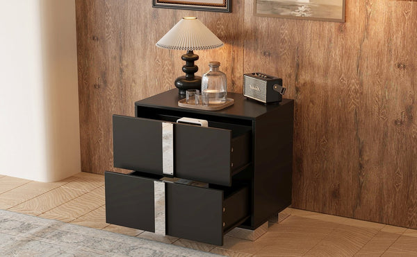 English Elm Elegant Nightstand with Metal Feet and Two Spacious Drawers for Stylish Bedroom and Living Rooms Black 28.75 L x 17.75 W x 7.75 H N733P307938B