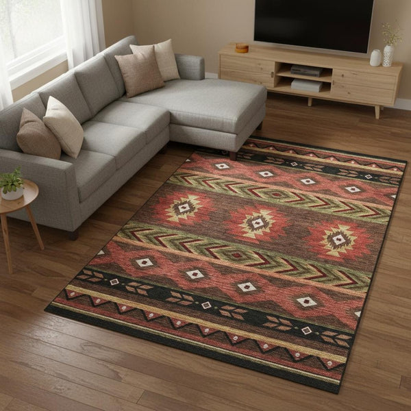 HomeRoots 10' X 14' Stylish Brown Green Rust Geometric Washable Area Rug with UV Protection for Busy Homes 645660