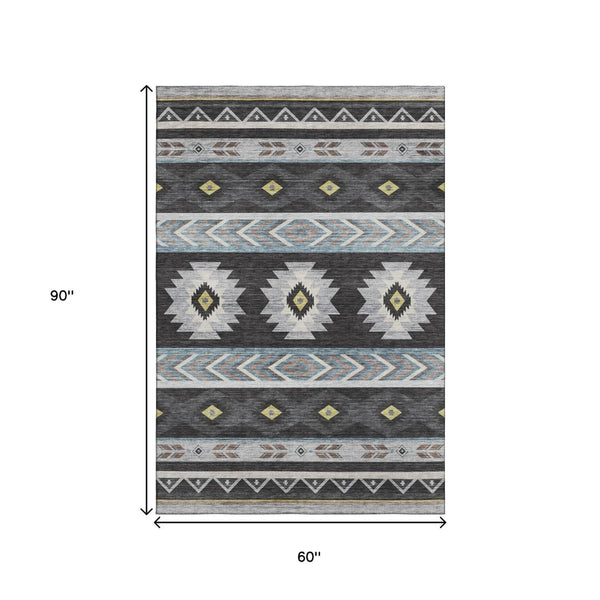 HomeRoots 5' X 8' Stylish Midnight Gold & Ivory Geometric Area Rug - Washable, UV Protected & Pet Friendly! 645662