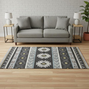 HomeRoots 5' X 8' Stylish Midnight Gold & Ivory Geometric Area Rug - Washable, UV Protected & Pet Friendly! 645662