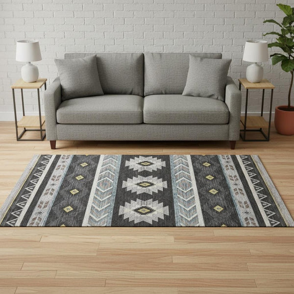 HomeRoots 5' X 8' Stylish Midnight Gold & Ivory Geometric Area Rug - Washable, UV Protected & Pet Friendly! 645662