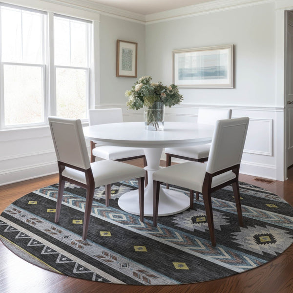 HomeRoots 8' Midnight Gold and Ivory Geometric Area Rug - Washable, Stain Resistant with UV Protection Features 645663