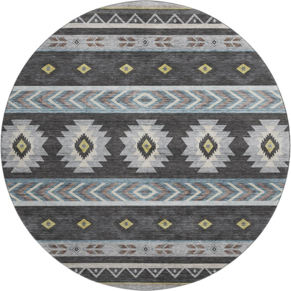 HomeRoots 8' Midnight Gold and Ivory Geometric Area Rug - Washable, Stain Resistant with UV Protection Features 645663