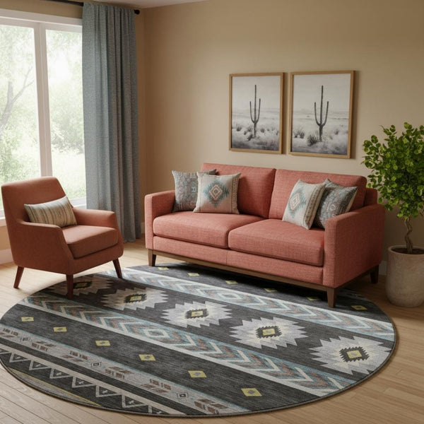 HomeRoots 8' Midnight Gold and Ivory Geometric Area Rug - Washable, Stain Resistant with UV Protection Features 645663