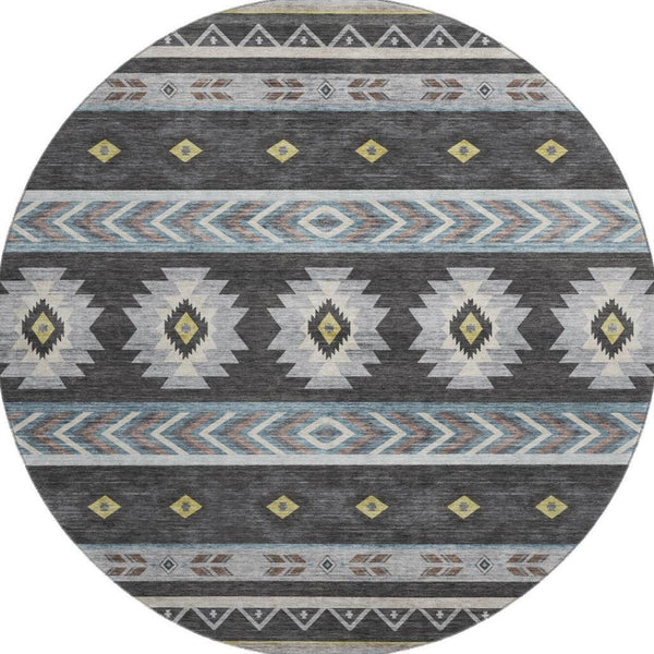 HomeRoots 8' Midnight Gold and Ivory Geometric Area Rug - Washable, Stain Resistant with UV Protection Features 645663