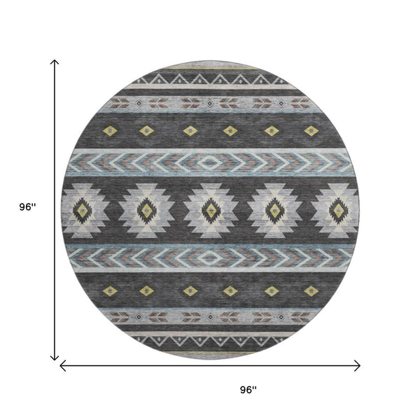 HomeRoots 8' Midnight Gold and Ivory Geometric Area Rug - Washable, Stain Resistant with UV Protection Features 645663