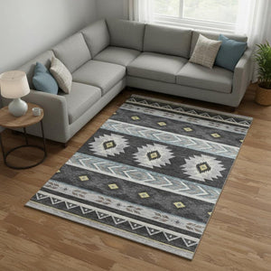 HomeRoots 8' X 10' Washable Midnight Gold & Ivory Geometric Area Rug with UV Protection for Modern Spaces 645664