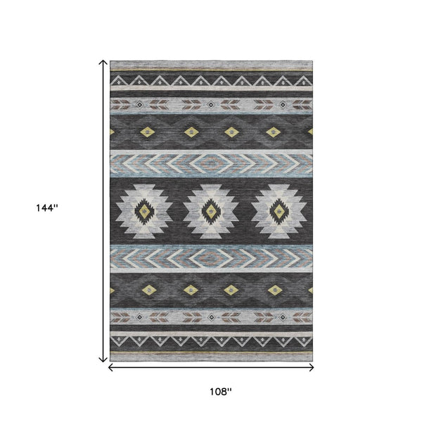 HomeRoots 9' X 12' Stylish Midnight Gold & Ivory Geometric Washable Area Rug with UV & Stain Protection 645665