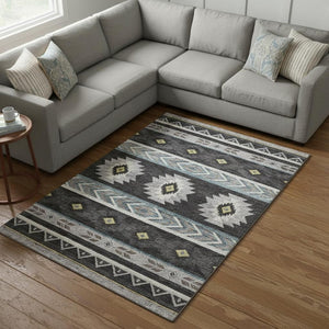 HomeRoots 9' X 12' Stylish Midnight Gold & Ivory Geometric Washable Area Rug with UV & Stain Protection 645665