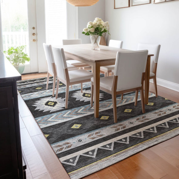 HomeRoots 9' X 12' Stylish Midnight Gold & Ivory Geometric Washable Area Rug with UV & Stain Protection 645665