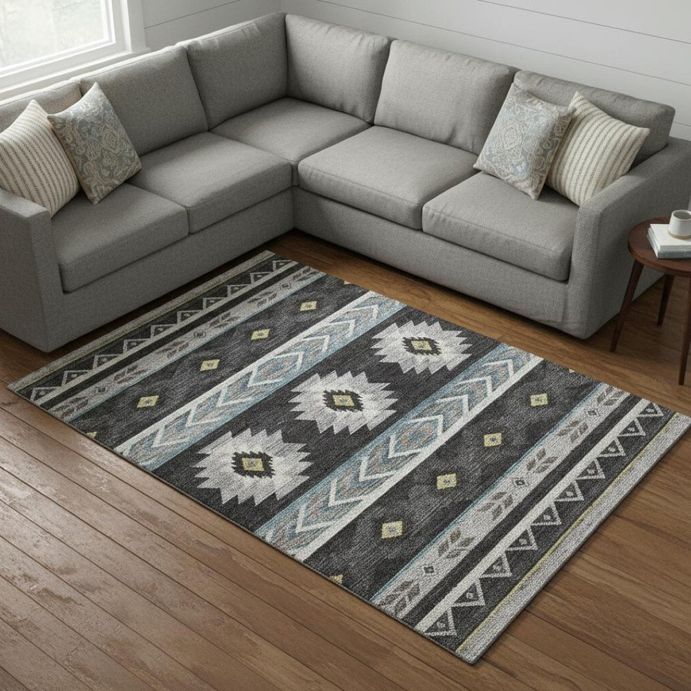 HomeRoots 10' X 14' Midnight Gold Geometric Area Rug - Washable, Stain Resistant, UV Protected for Modern Spaces 645666