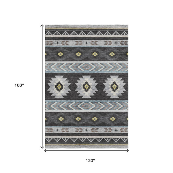 HomeRoots 10' X 14' Midnight Gold Geometric Area Rug - Washable, Stain Resistant, UV Protected for Modern Spaces 645666