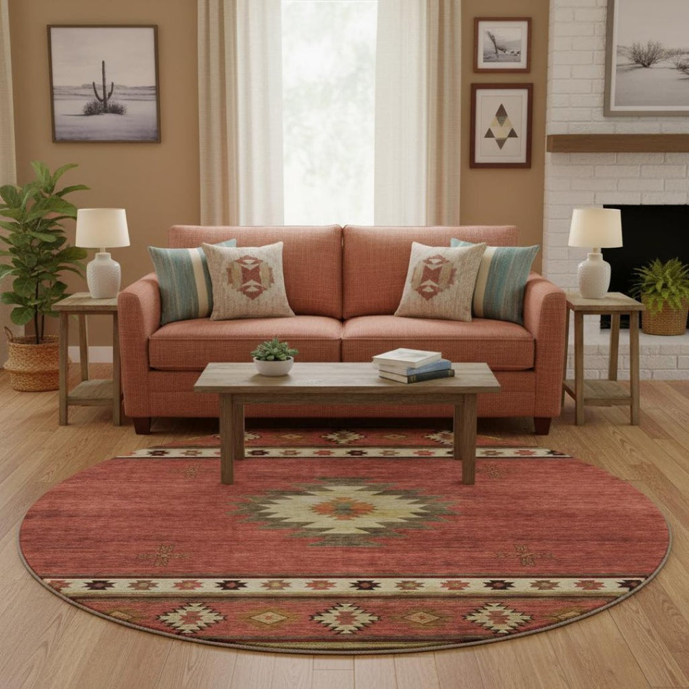 HomeRoots 8' Washable Round Rug in Cinnamon, Ivory & Beige - Stylish Geometric Design with UV Protection! 645669