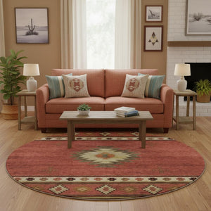 HomeRoots 8' Washable Round Rug in Cinnamon, Ivory & Beige - Stylish Geometric Design with UV Protection! 645669