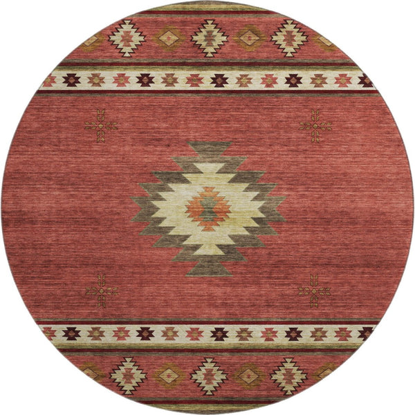 HomeRoots 8' Washable Round Rug in Cinnamon, Ivory & Beige - Stylish Geometric Design with UV Protection! 645669