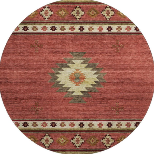 HomeRoots 8' Washable Round Rug in Cinnamon, Ivory & Beige - Stylish Geometric Design with UV Protection! 645669