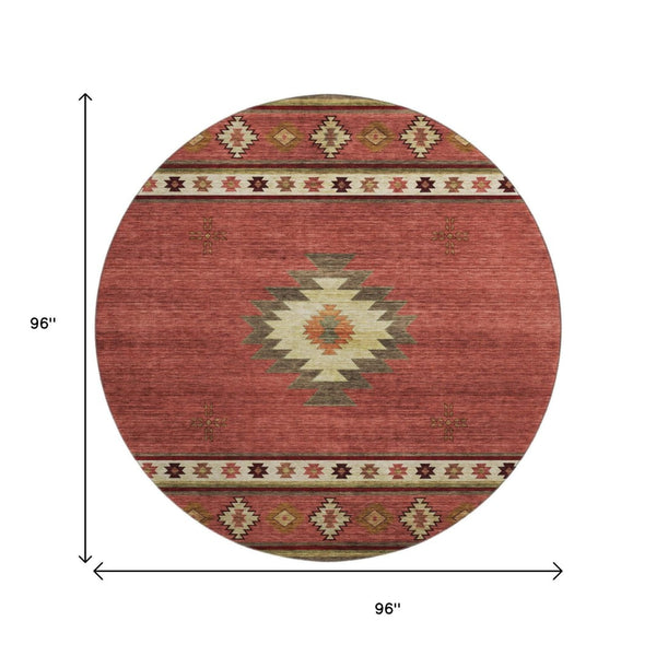 HomeRoots 8' Washable Round Rug in Cinnamon, Ivory & Beige - Stylish Geometric Design with UV Protection! 645669