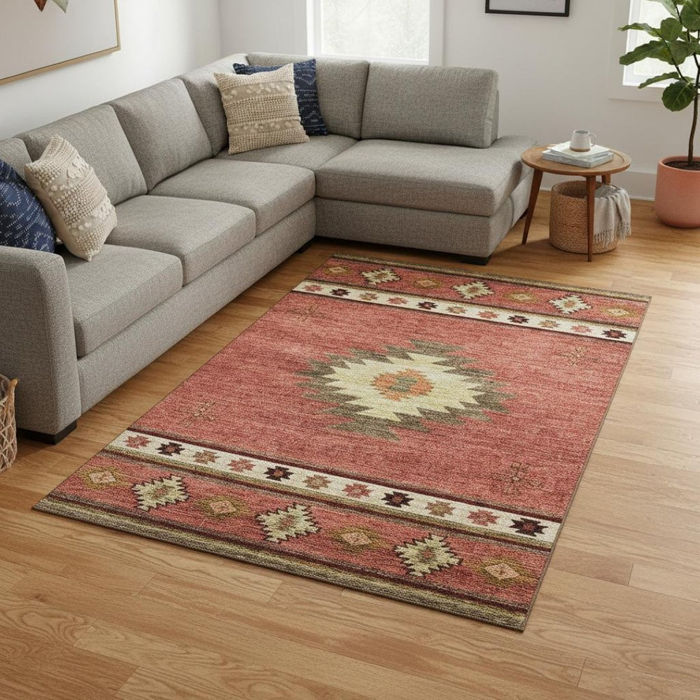 HomeRoots 8' X 10' Stylish Cinnamon Ivory Beige Geometric Area Rug - Washable, UV Protected, Durable Design 645670