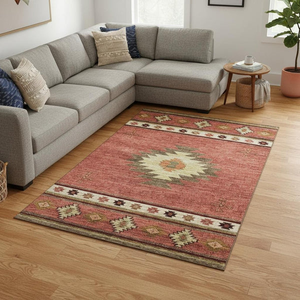 HomeRoots 8' X 10' Stylish Cinnamon Ivory Beige Geometric Area Rug - Washable, UV Protected, Durable Design 645670