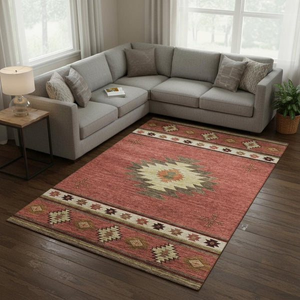 HomeRoots 9' X 12' Modern Geometric Cinnamon Ivory Area Rug - Washable, UV-Protected, Durable for Families 645671
