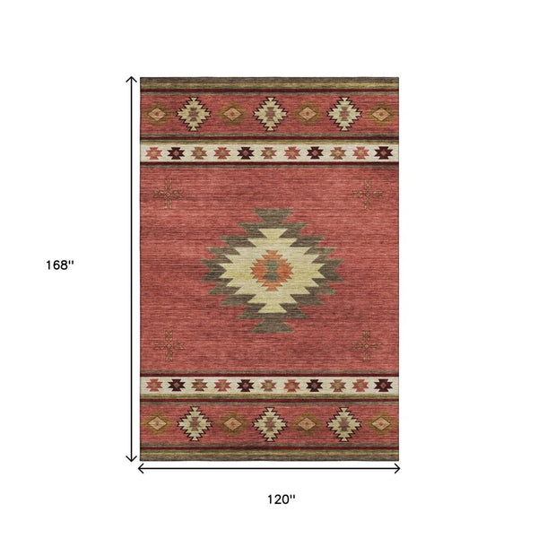 HomeRoots 10' X 14' Geometric Area Rug in Cinnamon Ivory - Washable, UV-Protected, Stain-Resistant Comfort 645672
