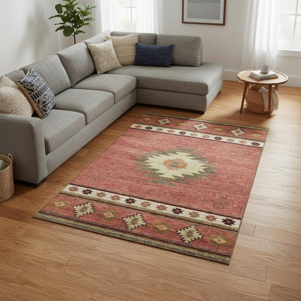 HomeRoots 10' X 14' Geometric Area Rug in Cinnamon Ivory - Washable, UV-Protected, Stain-Resistant Comfort 645672