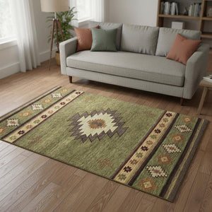 HomeRoots 5' Geometric Area Rug in Green, Beige & Brown - Washable, UV Protected, Durable for High-Traffic Spaces 645674