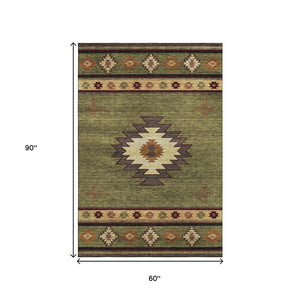 HomeRoots 5' Geometric Area Rug in Green, Beige & Brown - Washable, UV Protected, Durable for High-Traffic Spaces 645674