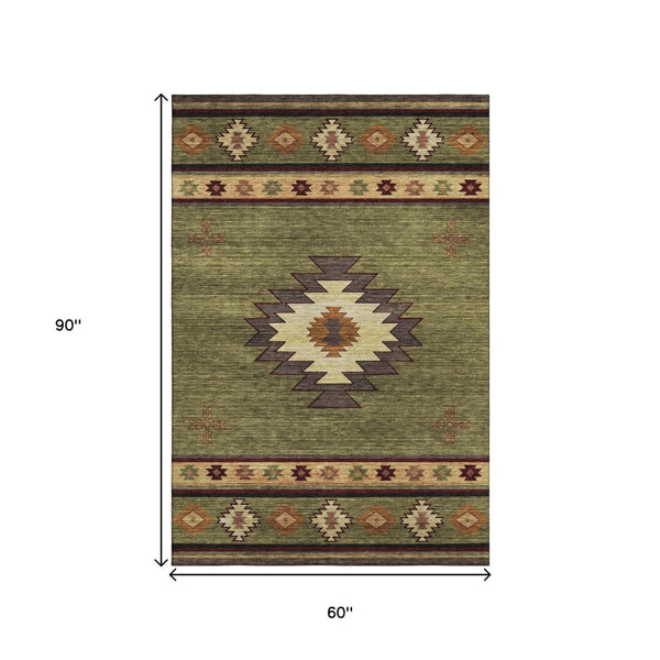 HomeRoots 5' Geometric Area Rug in Green, Beige & Brown - Washable, UV Protected, Durable for High-Traffic Spaces 645674