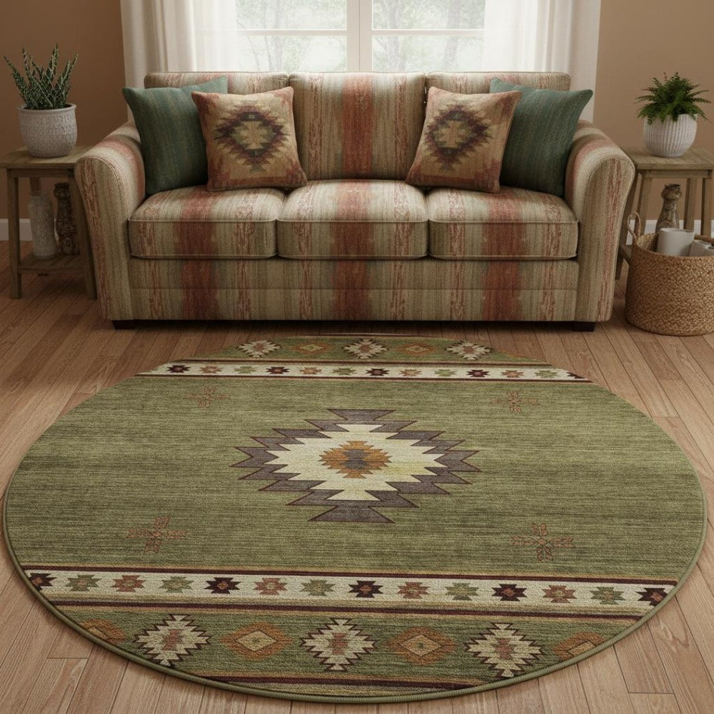 HomeRoots 8' Geometric Round Rug in Green, Beige & Brown - Washable, UV Protected & Perfect for Busy Homes 645675