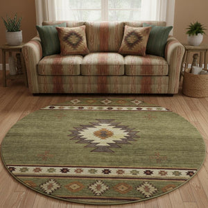 HomeRoots 8' Geometric Round Rug in Green, Beige & Brown - Washable, UV Protected & Perfect for Busy Homes 645675