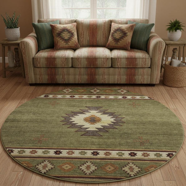 HomeRoots 8' Geometric Round Rug in Green, Beige & Brown - Washable, UV Protected & Perfect for Busy Homes 645675