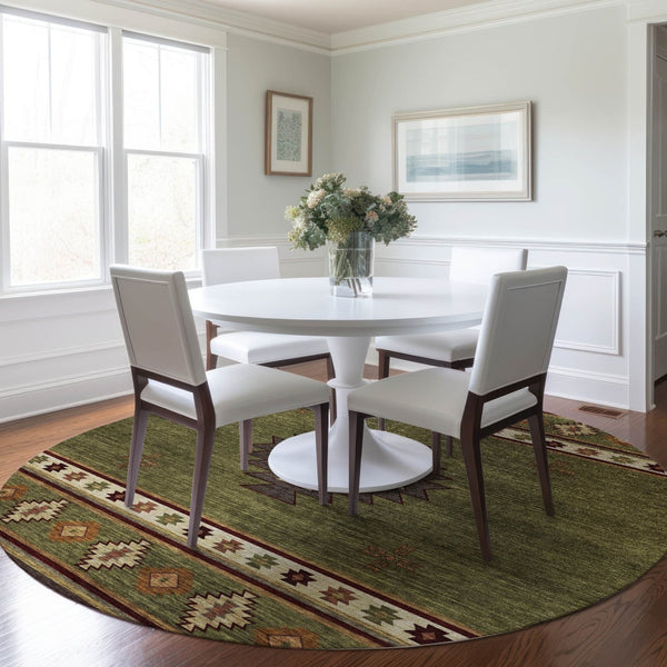 HomeRoots 8' Geometric Round Rug in Green, Beige & Brown - Washable, UV Protected & Perfect for Busy Homes 645675