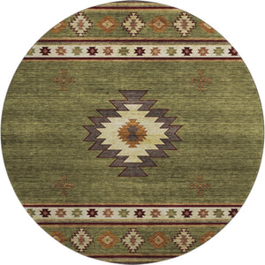 HomeRoots 8' Geometric Round Rug in Green, Beige & Brown - Washable, UV Protected & Perfect for Busy Homes 645675
